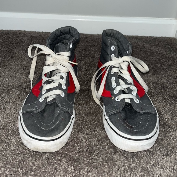 Gray and Red High Top Lace Up Vans Sneakers - Picture 6 of 7
